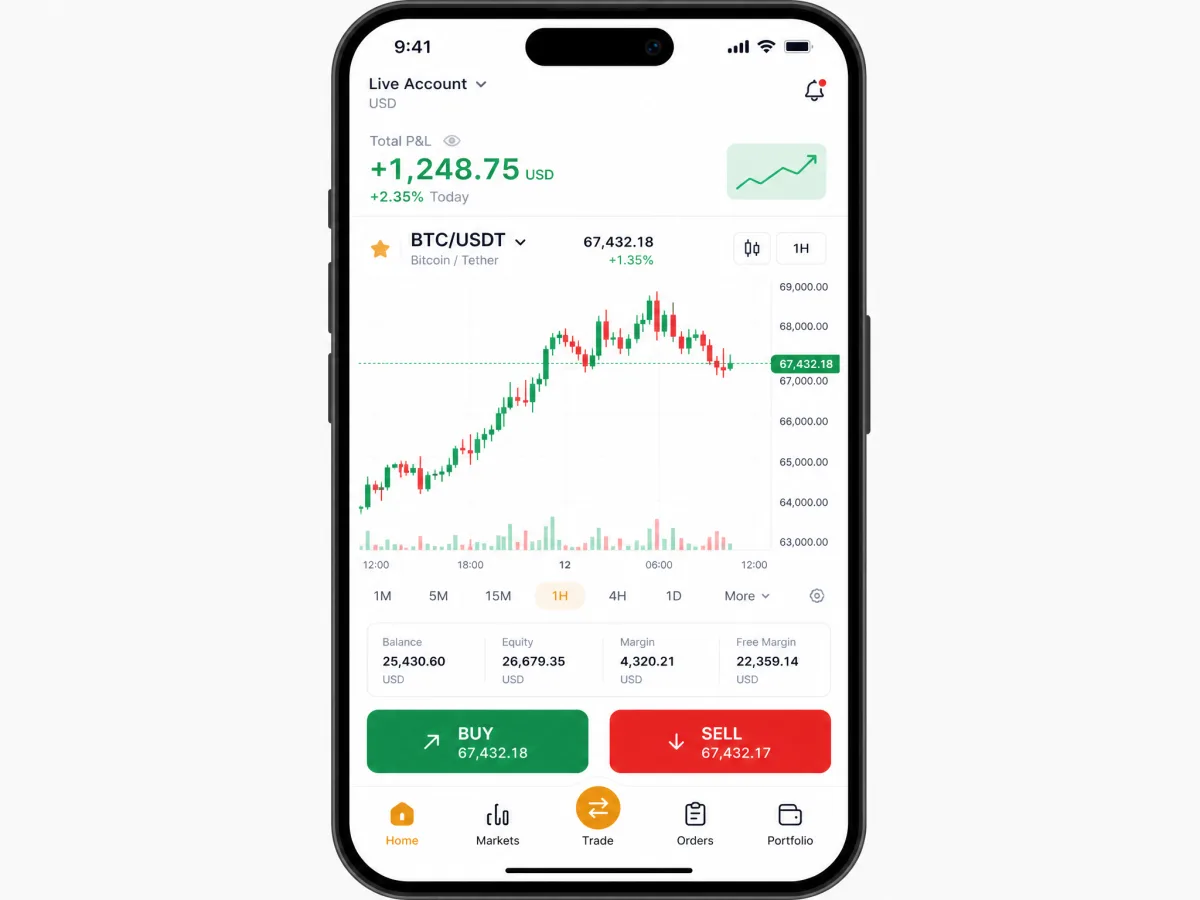 Opti Gain AI — mobile trading app screens
